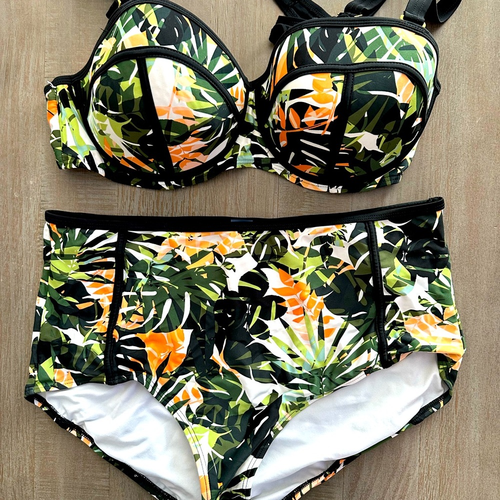 Green Camo Leaf High Waist Piped Swim Bottoms, BOTTOMS ONLY!!!